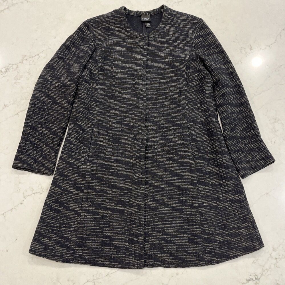 Eileen Fisher Jacket Womens Small Black Cream Textured Woven Long Cotton Blazer